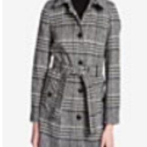 Calvin Klein Hooded Belted Hardware Walker Coat, Size Large, B/W Plaid